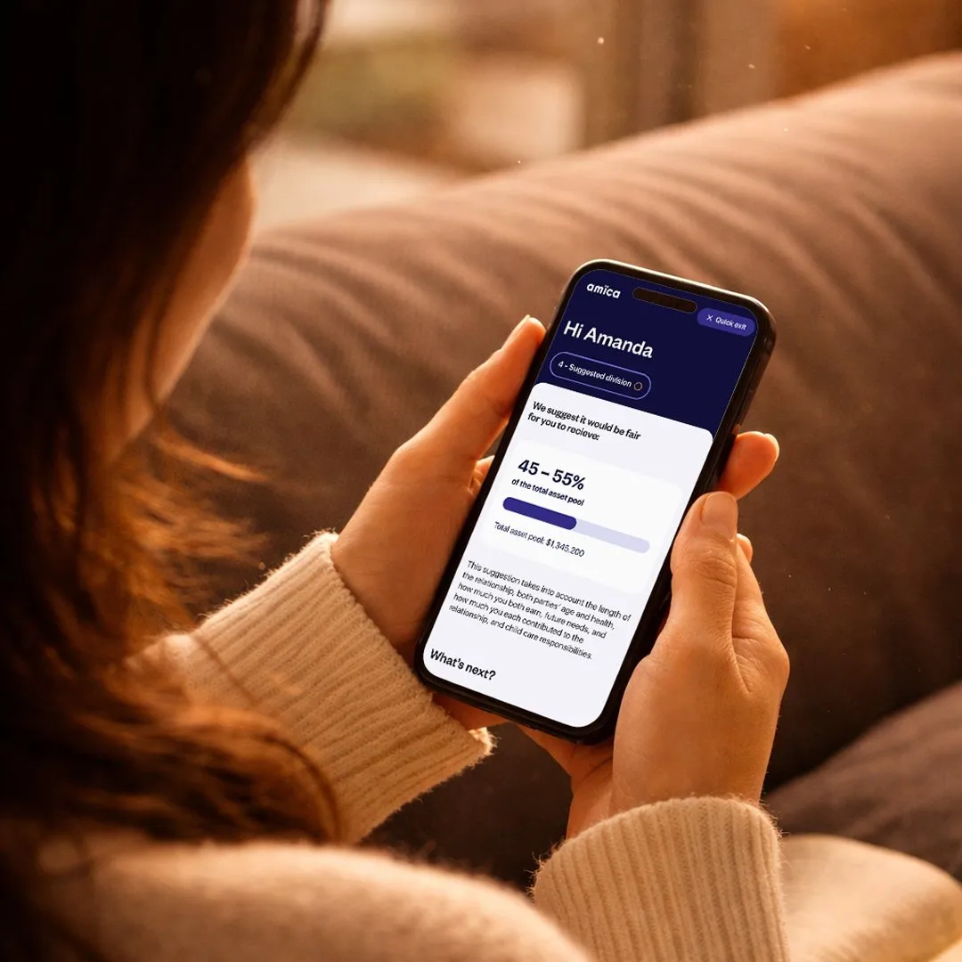 A person on a couch using amica, showing a suggested 45 to 55 percent asset division