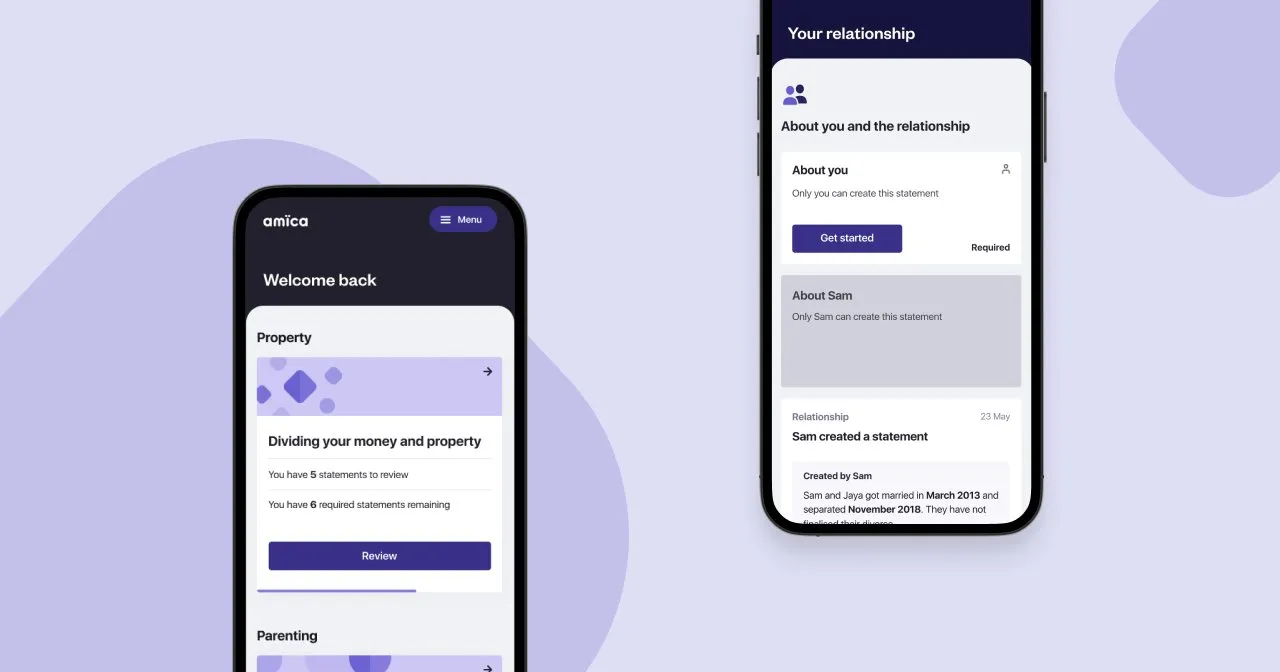 Two amica app screens: the property dashboard and the relationship statements page