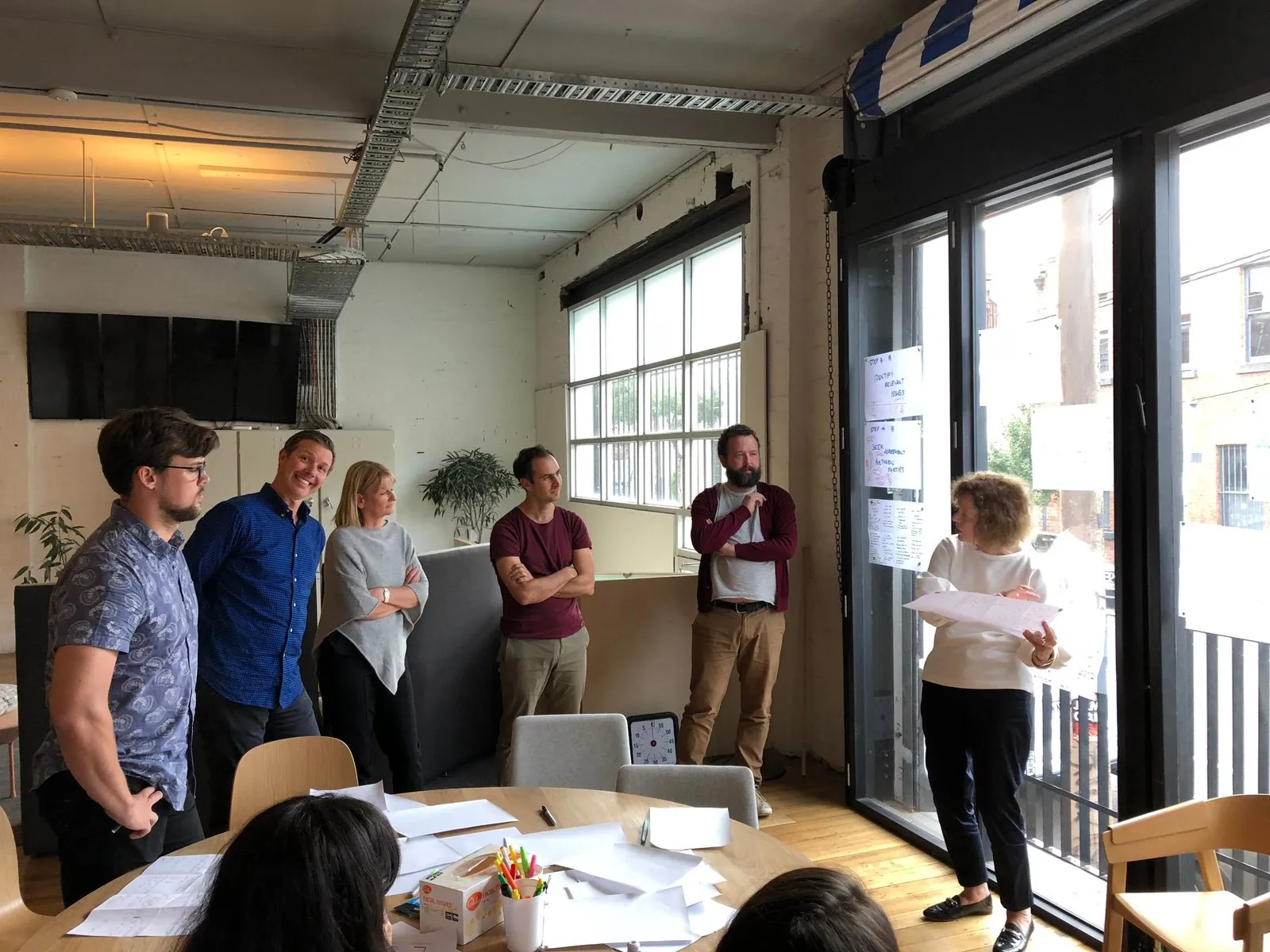 The amica project team in an early design workshop, reviewing the dispute resolution steps
