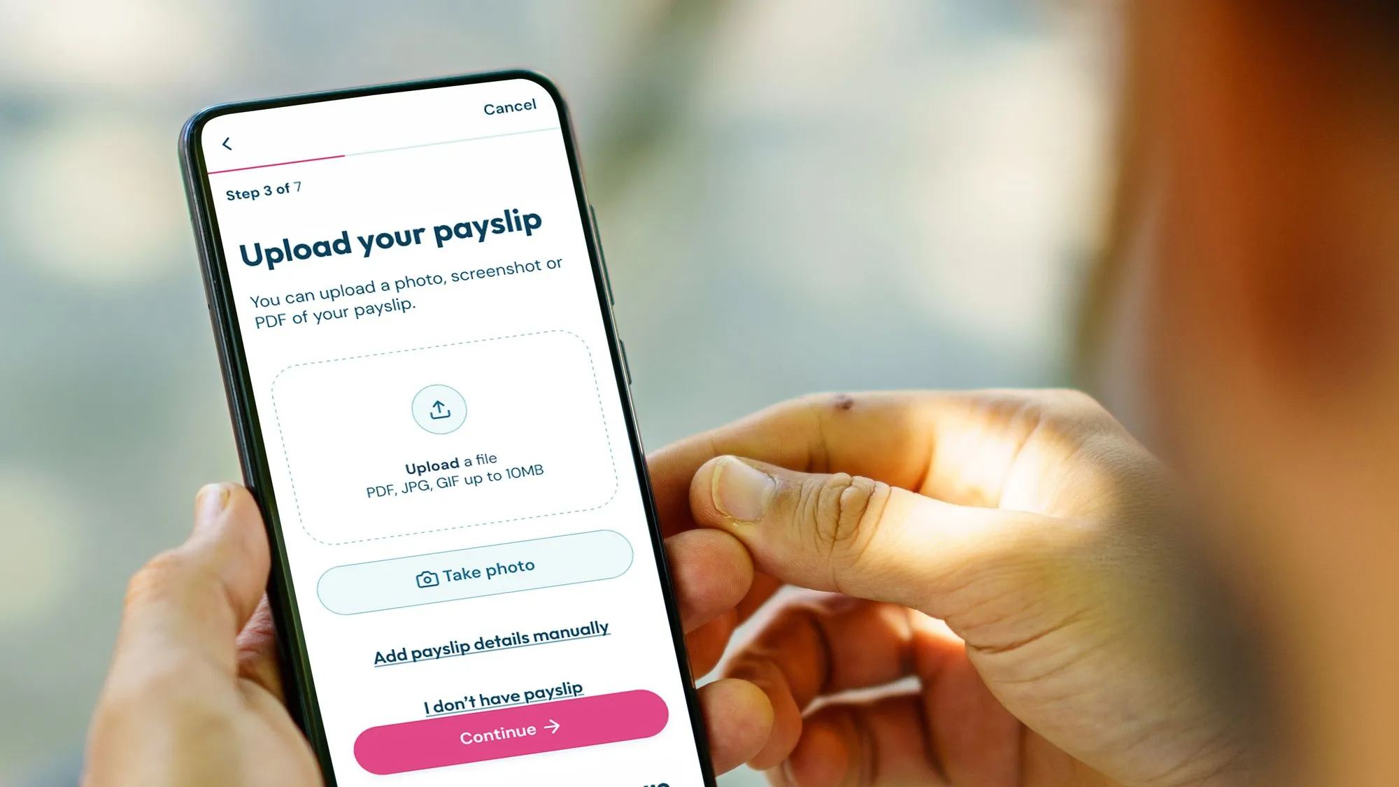A worker holding a phone showing the Sweep upload your payslip screen, step 3 of 7, with options to upload a file, take a photo or add details manually